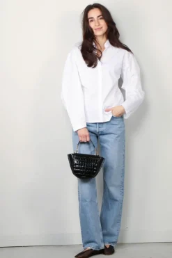 Closed Blouse - Pleated Sleeve Shirt - White