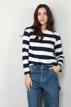 Denimist T-Shirt - Long - Sleeve - Boatneck - Jumbo - Navy White Stripe