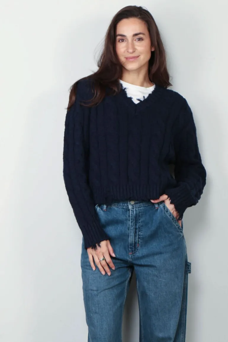 Denimist Trui - V-Neck Cable Sweater - Navy