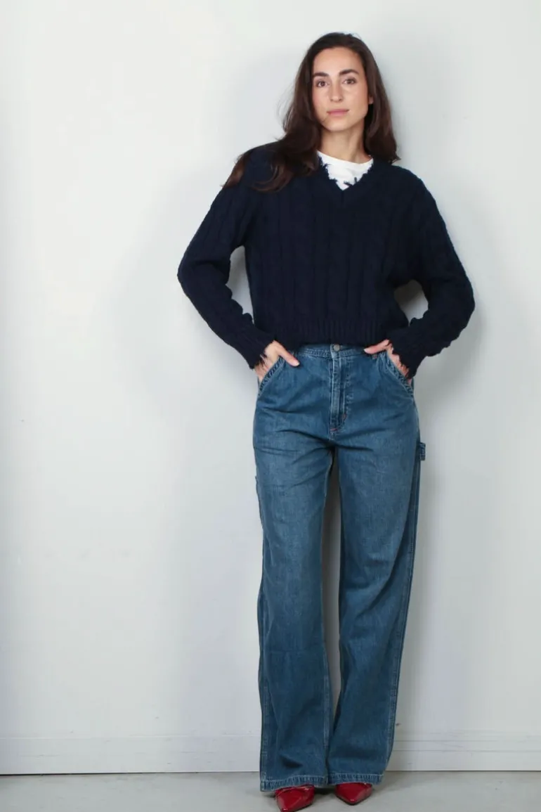 Denimist Trui - V-Neck Cable Sweater - Navy