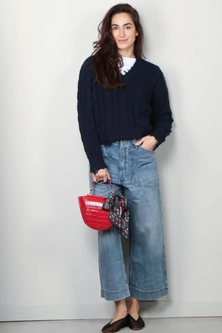 Denimist Trui - V-Neck Cable Sweater - Navy