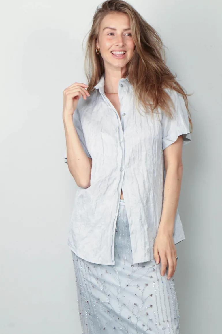 Forte_Forte Blouse - Contemporary Crinkled Cotton Half Sleeve Shirt - Madreperla