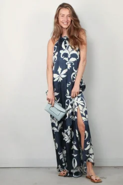 Forte_Forte Jurk - The Secret Lily Print Viscose Back Neckline - Oltremare