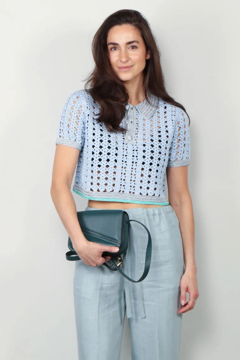 Forte_Forte Top - Cable Lux Handmade Crochet Cropped Polo - Cielo