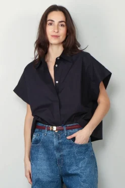 forte_forte Blouse - BCI Cotton Popline Boxy Sleeveless Shirt - Abisso