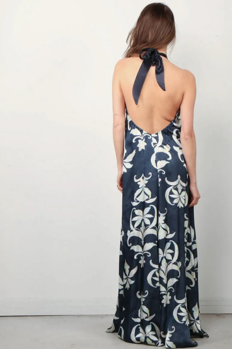 Forte_Forte Jurk - The Secret Lily Print Viscose Back Neckline - Oltremare