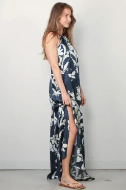 Forte_Forte Jurk - The Secret Lily Print Viscose Back Neckline - Oltremare
