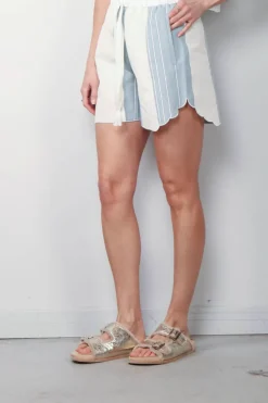 Forte_Forte Short - Chic Cotton Linen Stripe Bermuda with Embroidery - Acqua