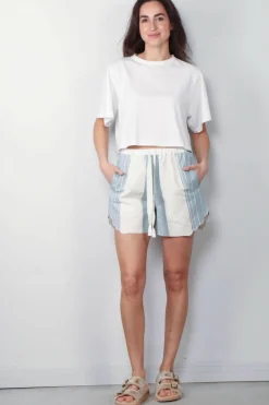 Forte_Forte Short - Chic Cotton Linen Stripe Bermuda with Embroidery - Acqua