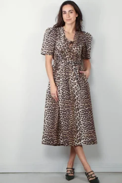 Ganni Jurk - Printed Cotton Tie Strap Midi Dress - Leopard