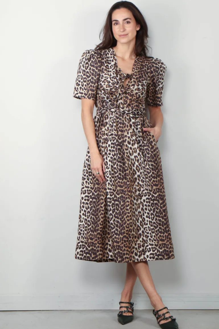 Ganni Jurk - Printed Cotton Tie Strap Midi Dress - Leopard