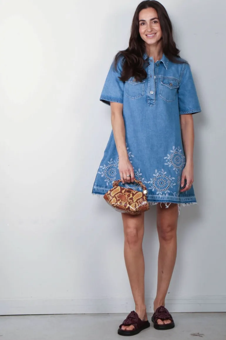 Ganni Jurk - Broderie Anglaise Denim Mini Dress - Light Blue Stone