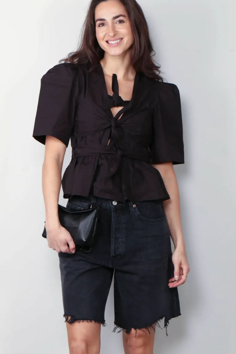 Ganni Top - Washed Stretch Cotton Tie Strap Blouse - Black