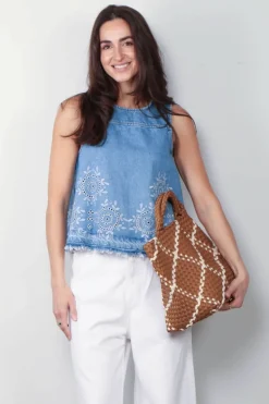Ganni Top - Broderie Anglaise Denim Top - Light Blue Stone