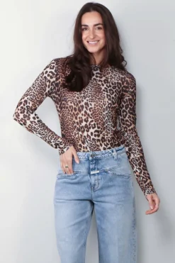 Ganni Top - Printed Marl Mesh Long Sleeve - Leopard