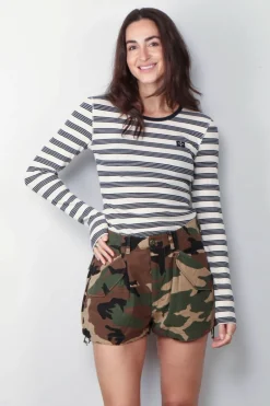 Ganni Top - Striped Soft Cotton Rib Long Sleeve T-Shirt - Sky Captain