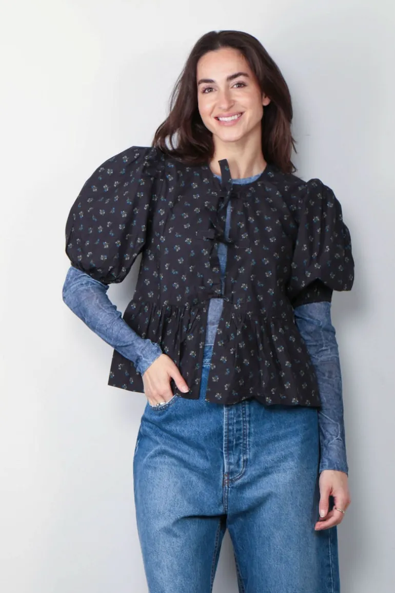 Ganni Top - Printed Cotton Peplum Blouse - Phantom