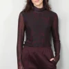 Ganni Top - Printed Mesh Long Sleeve Rollneck - Bitter chocolate