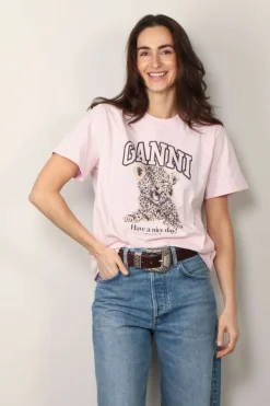 Ganni T-shirt - Basic Jersey Leopard Relaxed T-shirt -Chalk pink