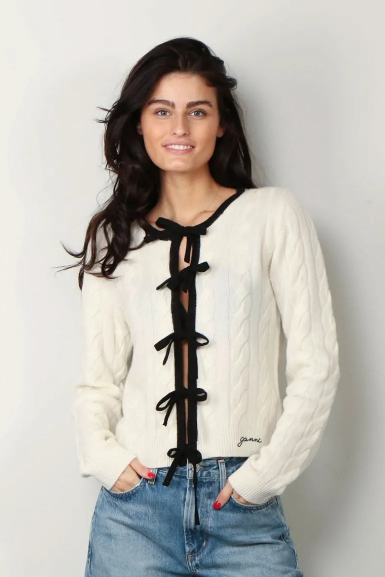 Ganni Vest - Cashmere Mix Tie String Cardigan - Egret