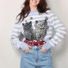 Ganni Trui - Striped Graphic Wool Mix Cats Crewneck - Illusion blue