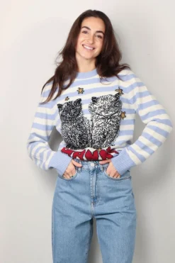 Ganni Trui - Striped Graphic Wool Mix Cats Crewneck - Illusion blue