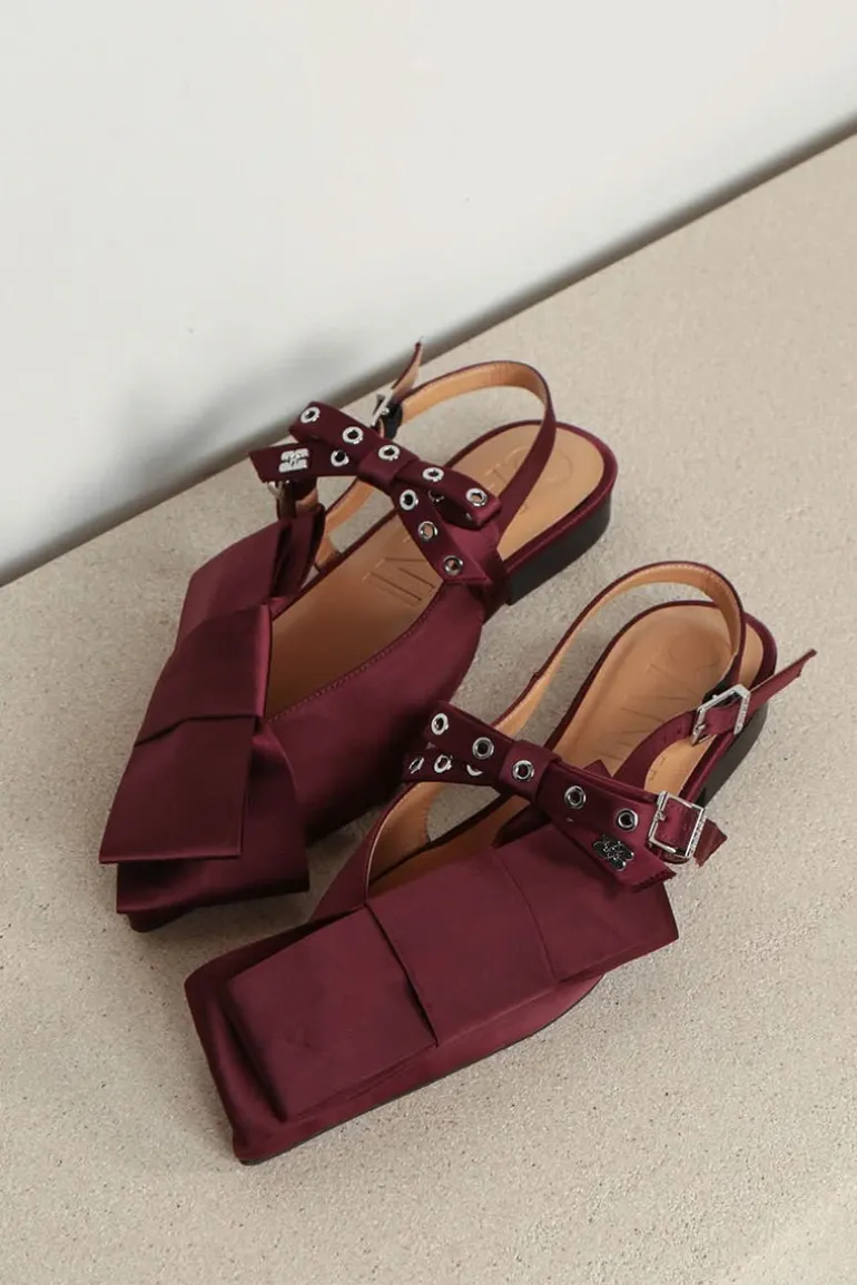 Ganni Ballerina - Big Bow Slingback Ballerina Satin - Dark burgundy