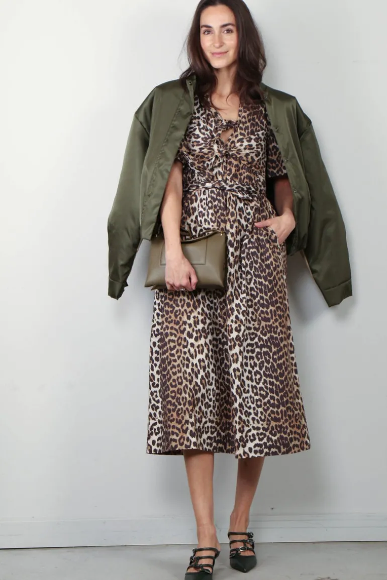 Ganni Jurk - Printed Cotton Tie Strap Midi Dress - Leopard