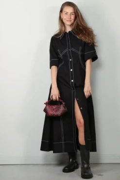 Ganni Jurk - Cotton Poplin Long Shirt Dress - Black