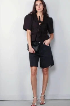 Ganni Top - Washed Stretch Cotton Tie Strap Blouse - Black
