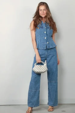 Ganni Top - Fluffy Denim Fitted Top - Mid Blue Stone