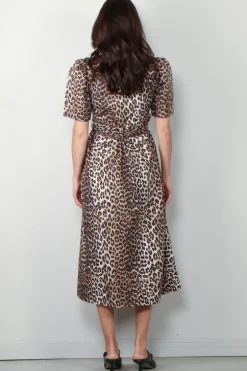 Ganni Jurk - Printed Cotton Tie Strap Midi Dress - Leopard