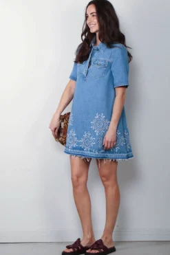 Ganni Jurk - Broderie Anglaise Denim Mini Dress - Light Blue Stone