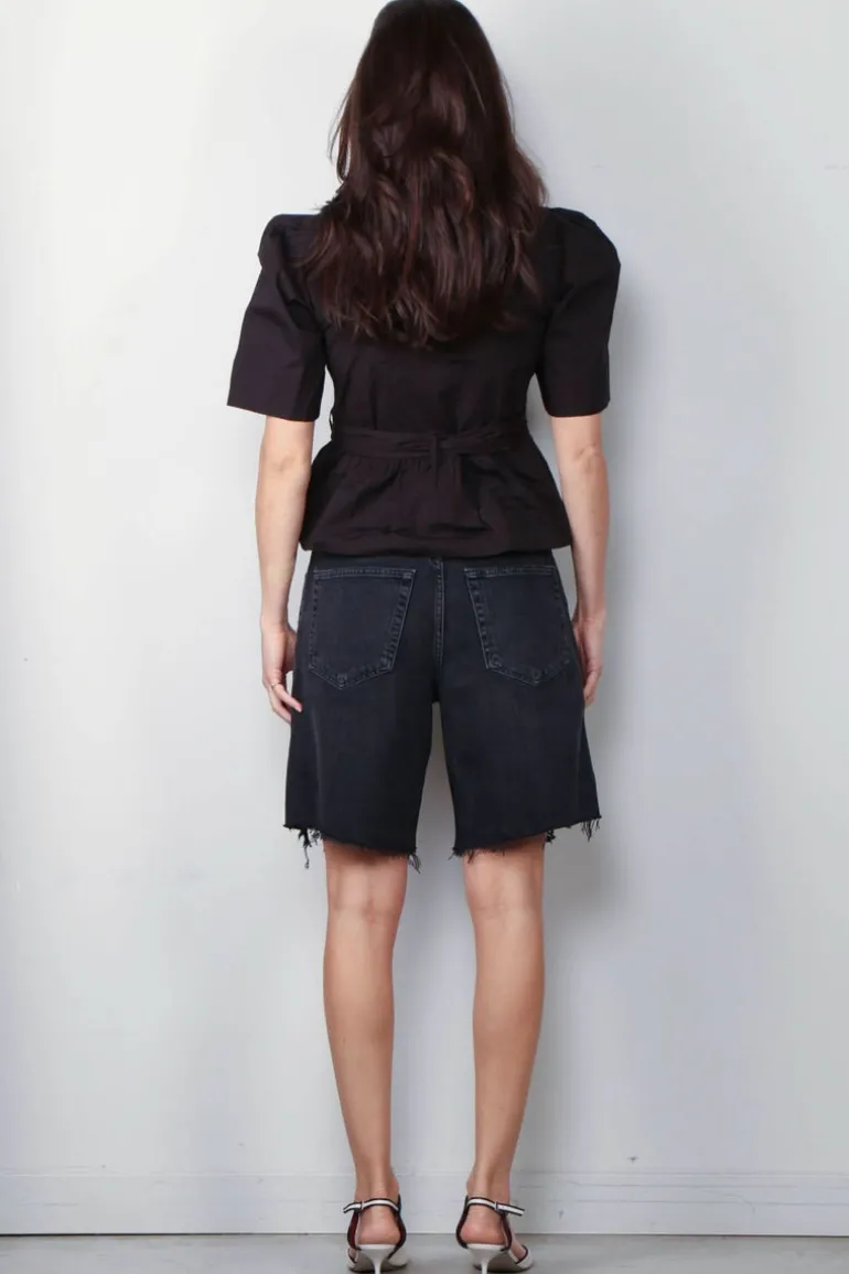 Ganni Top - Washed Stretch Cotton Tie Strap Blouse - Black