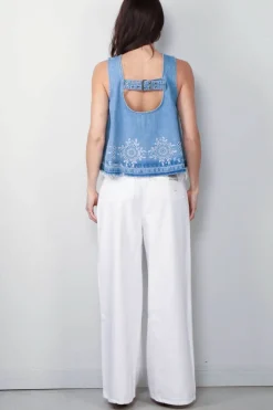 Ganni Top - Broderie Anglaise Denim Top - Light Blue Stone