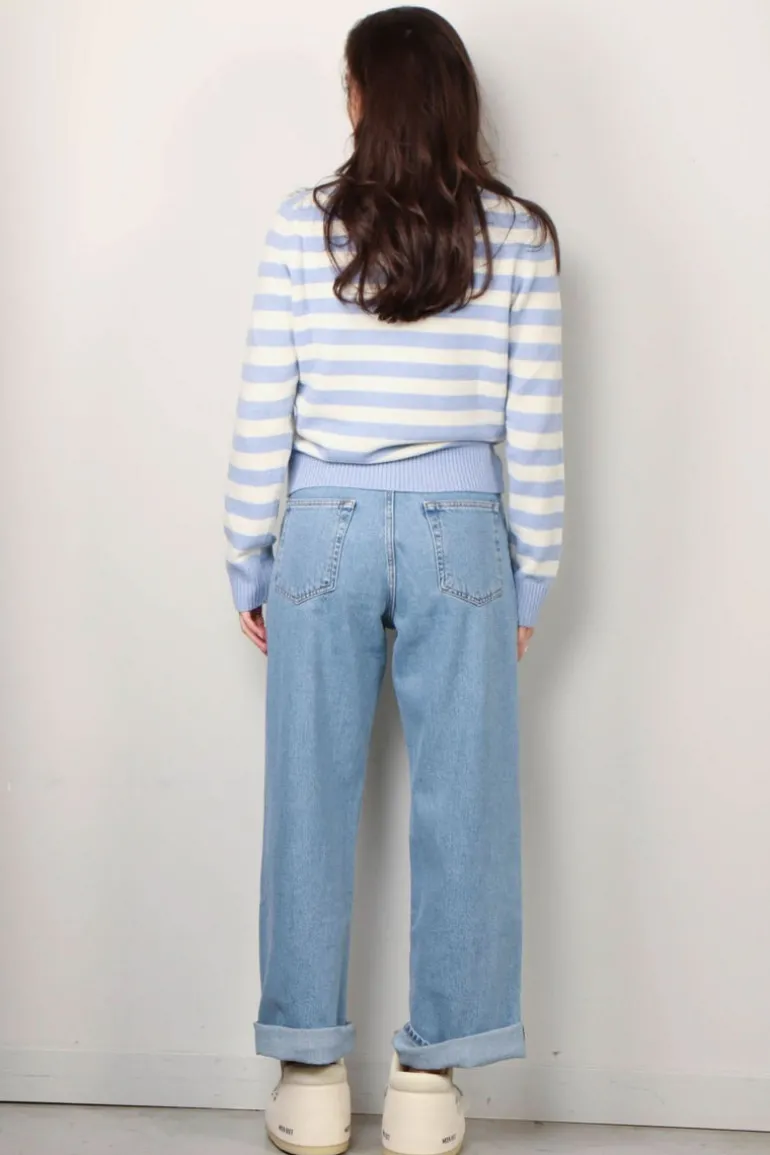 Ganni Trui - Striped Graphic Wool Mix Cats Crewneck - Illusion blue
