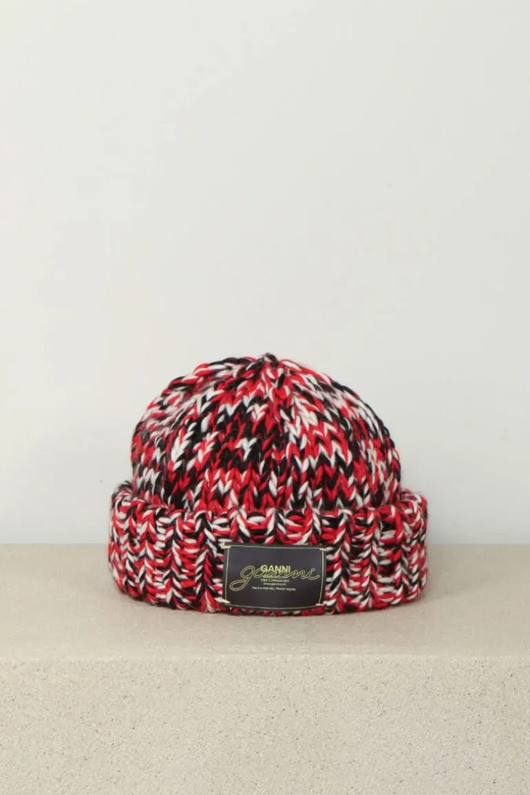 Ganni Muts - Graphic Wool Handknit Beanie - Racing red