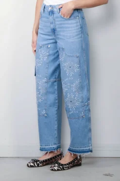 Ganni Jeans - Broderie Anglaise Denim Carpenter Jeans - Light Blue Stone