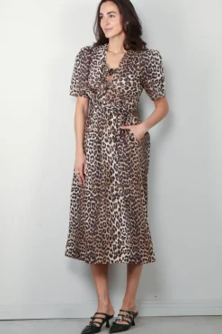 Ganni Jurk - Printed Cotton Tie Strap Midi Dress - Leopard
