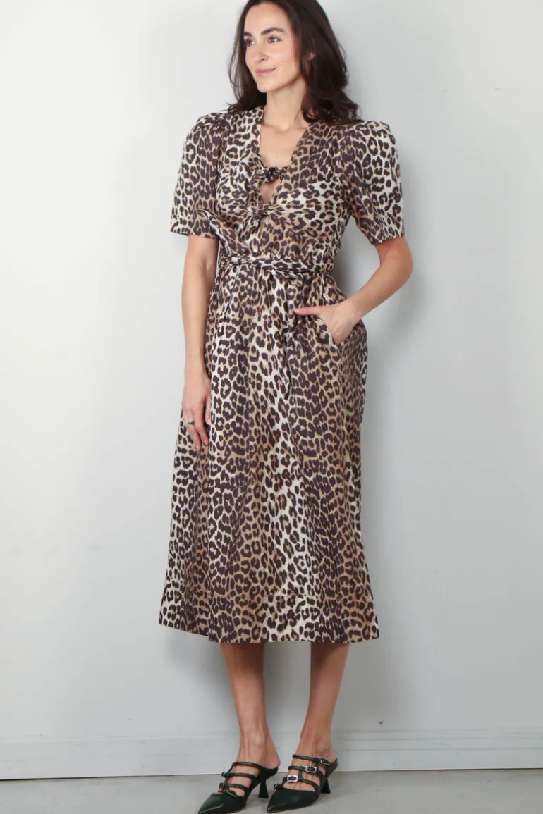Ganni Jurk - Printed Cotton Tie Strap Midi Dress - Leopard