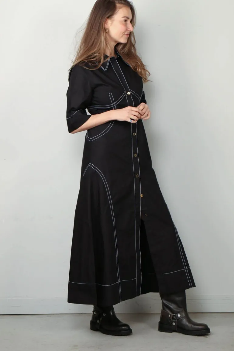 Ganni Jurk - Cotton Poplin Long Shirt Dress - Black