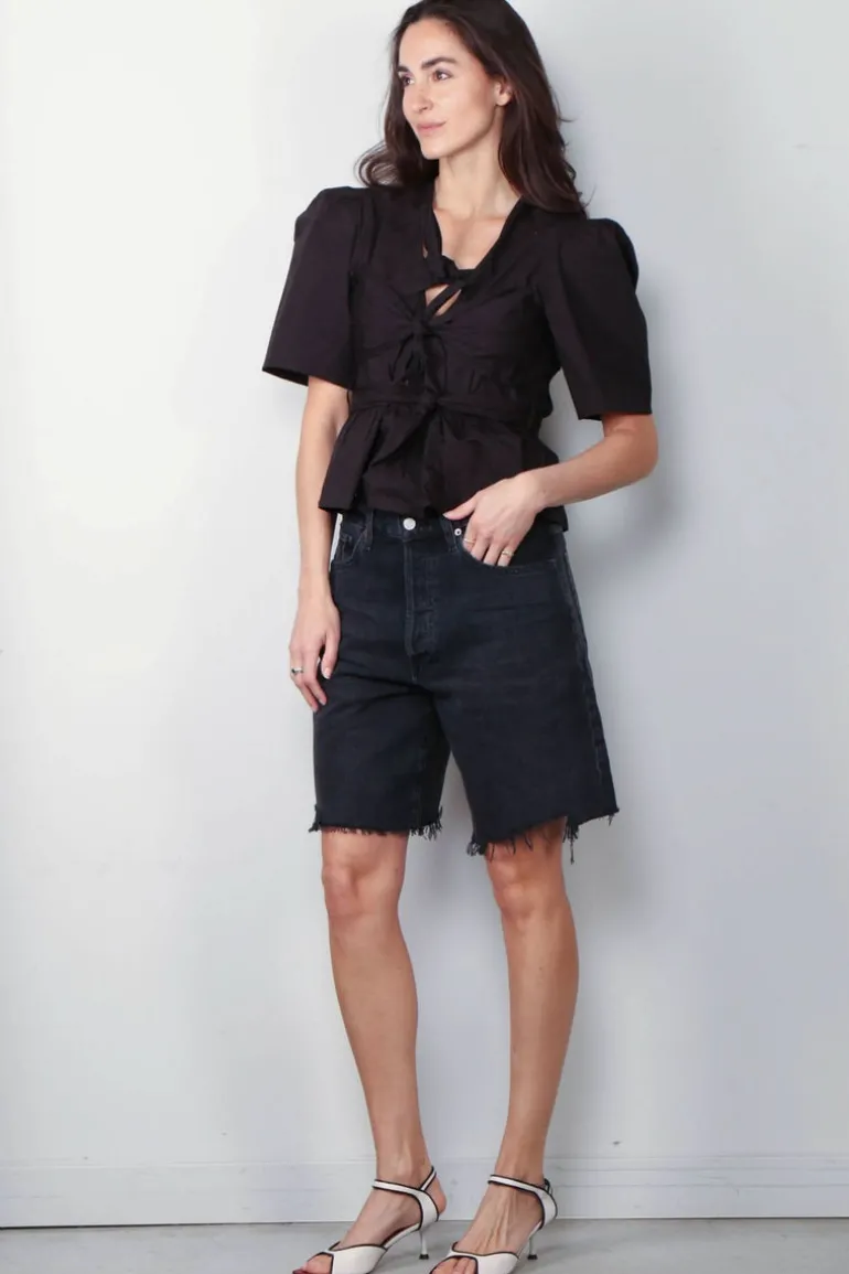 Ganni Top - Washed Stretch Cotton Tie Strap Blouse - Black