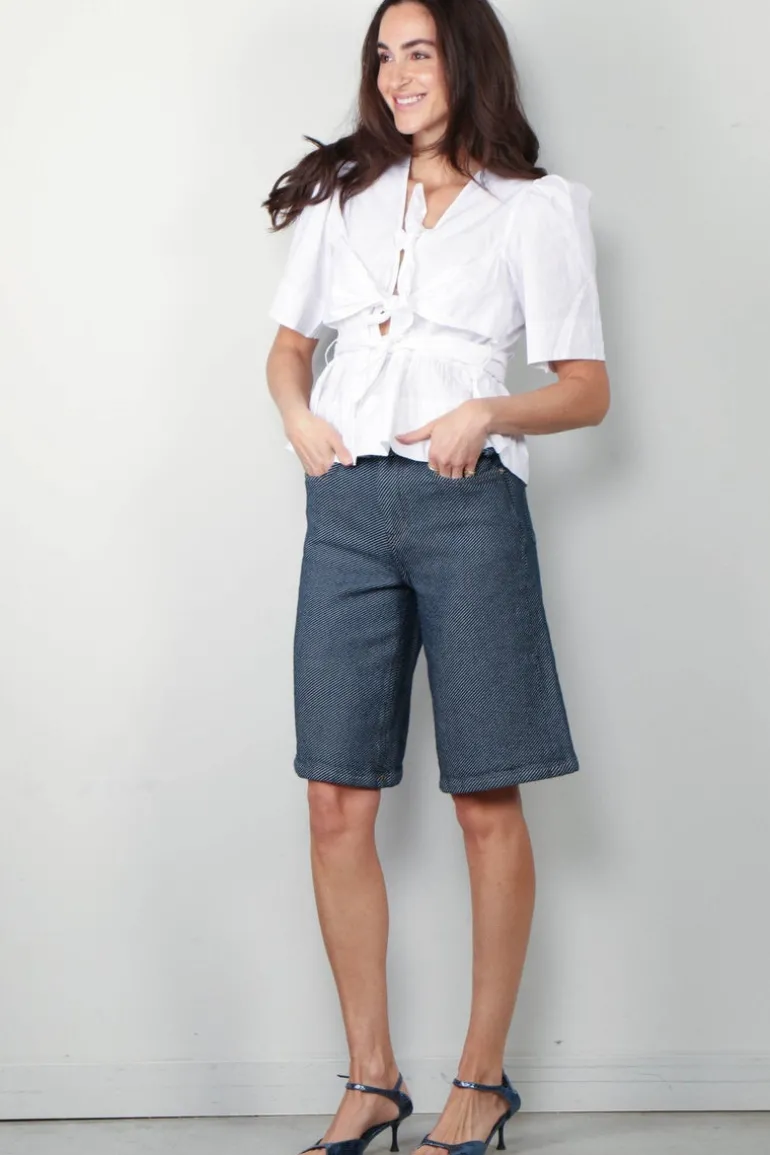 Ganni Top - Washed Stretch Cotton Tie Strap Blouse - Bright White