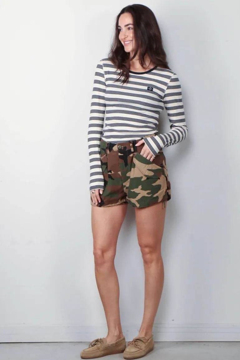 Ganni Top - Striped Soft Cotton Rib Long Sleeve T-Shirt - Sky Captain