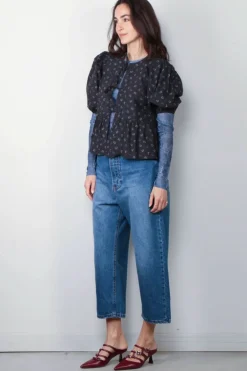 Ganni Top - Printed Cotton Peplum Blouse - Phantom