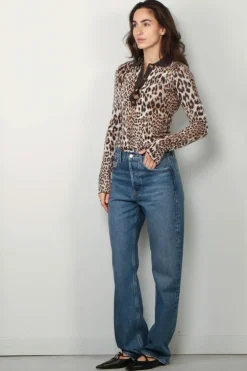 Ganni Top - Fine Merino Jacquard Leopard Polo - Leopard