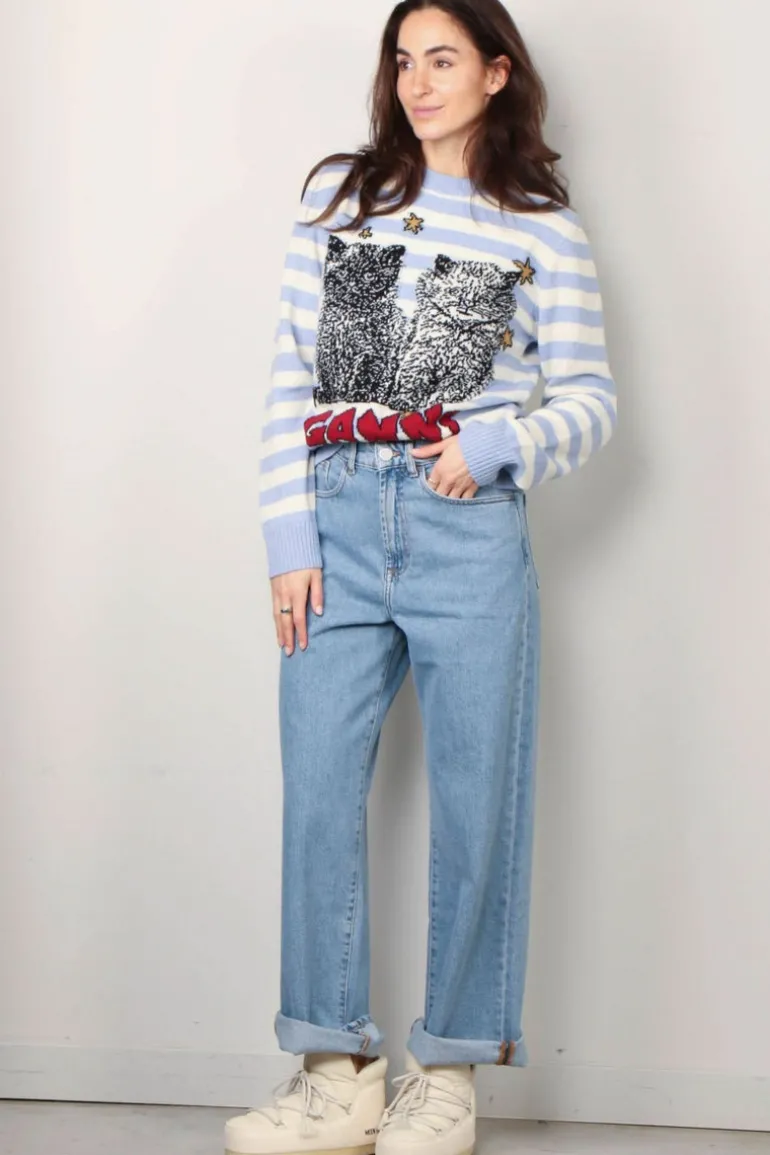 Ganni Trui - Striped Graphic Wool Mix Cats Crewneck - Illusion blue