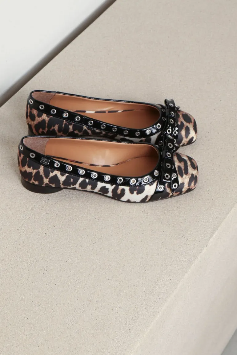 Ganni Ballerina - Eyelets Bow Satin Print - Leopard