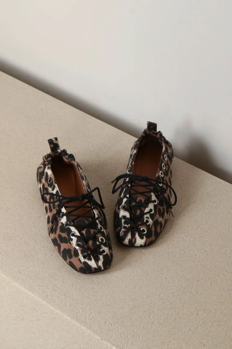 Ganni Ballerina's - Eyelets Lace Up Ballerina Denim Print - Leopard