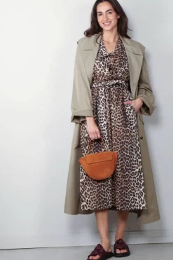 Ganni Jurk - Printed Cotton Tie Strap Midi Dress - Leopard